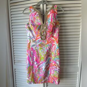Lilly Pulitzer Janice Shift Dress in Scuba to Cuba print with gold embroidery